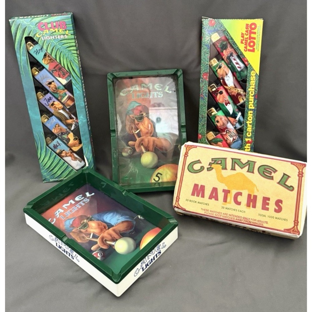 Vintage Joe Camel Advertising Lot 2 Ashtray Bin Lighters Matches